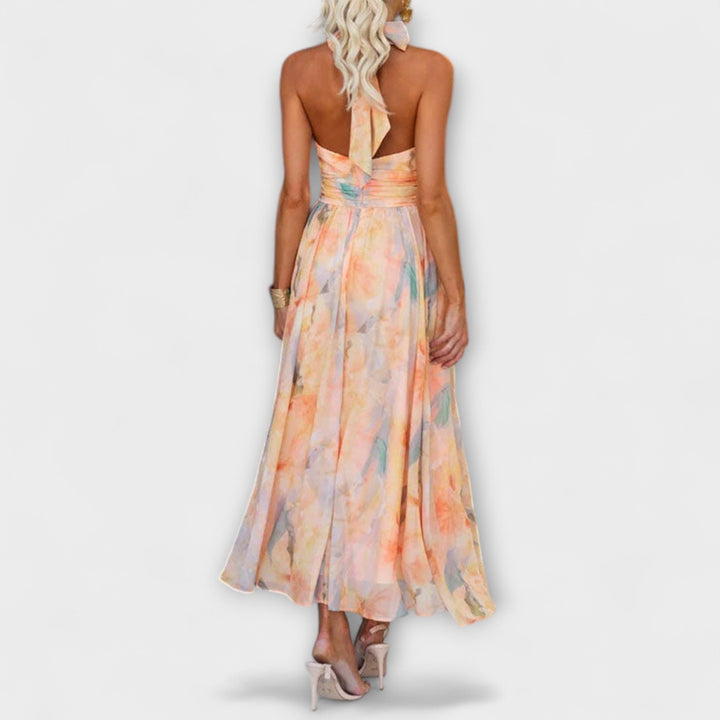 Halter-Neck Aquarell Print Maxi Kleid