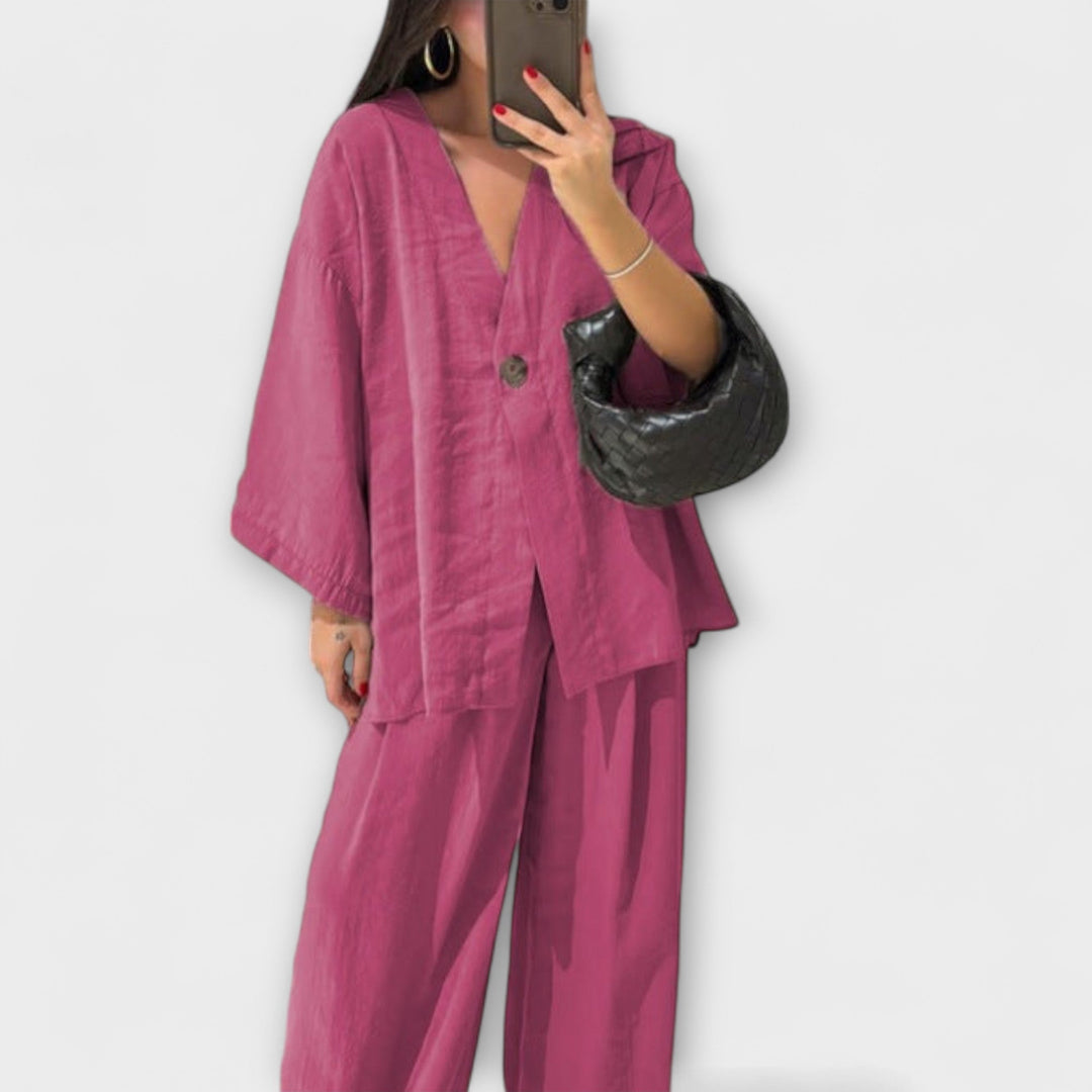 Aurora - Lässiges V-Ausschnitt Top und Hose Duo