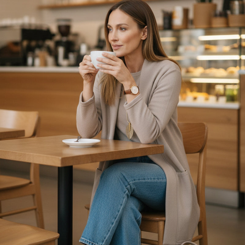 Elegantes 3-teiliges Set bestehend aus langem Cardigan, Top und Hose