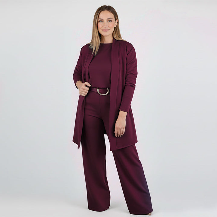 Elegantes 3-teiliges Set bestehend aus langem Cardigan, Top und Hose