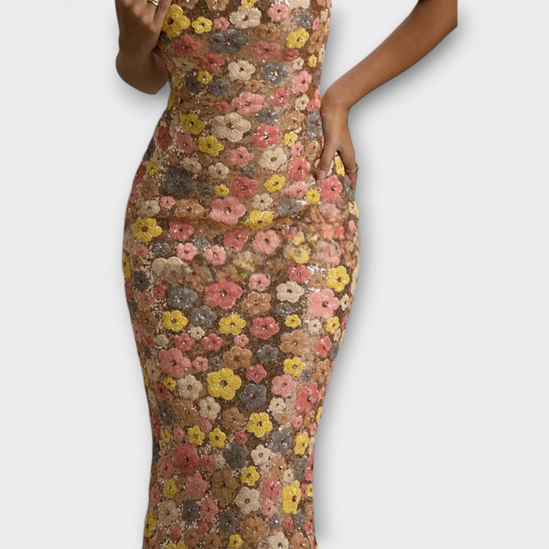 Aoakley - Maxi-Kleid mit floralen Pailletten im 80er-Jahre-Stil