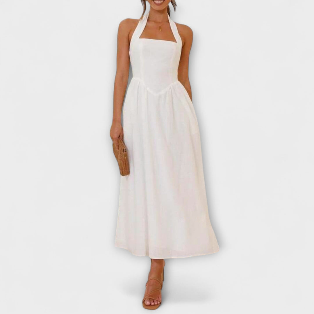 Aurora - Mid-Length Schwarzes Halterkleid mit Taillendetail